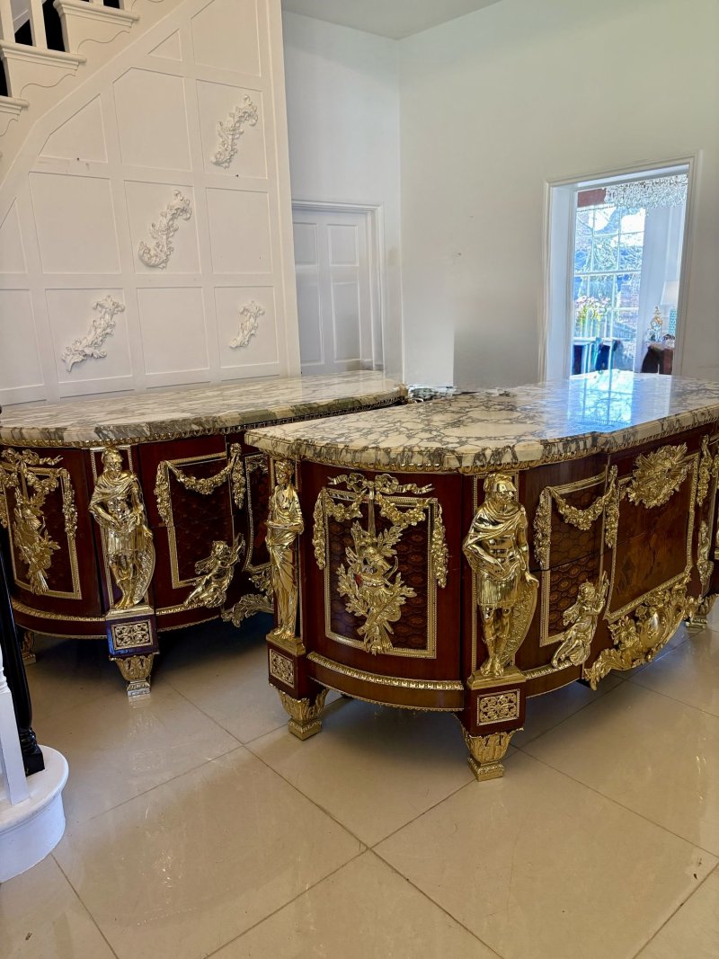 Antique Rare Fine Pair of French Early 20th Century Mahogany, Fruitwood Marquetry and Gilt Bronze Mounted Commodes In the Louis XVI Style, after the Original By Jean-Henri Riesener - Image 5